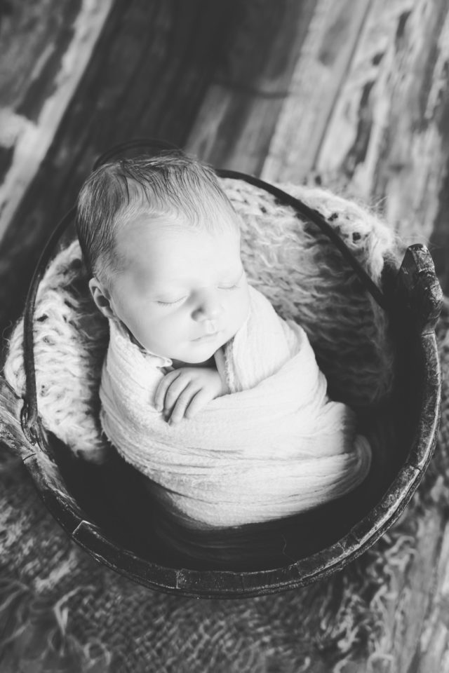 photographie nouveau-né bébé seau bois homeostasie photographie Liège